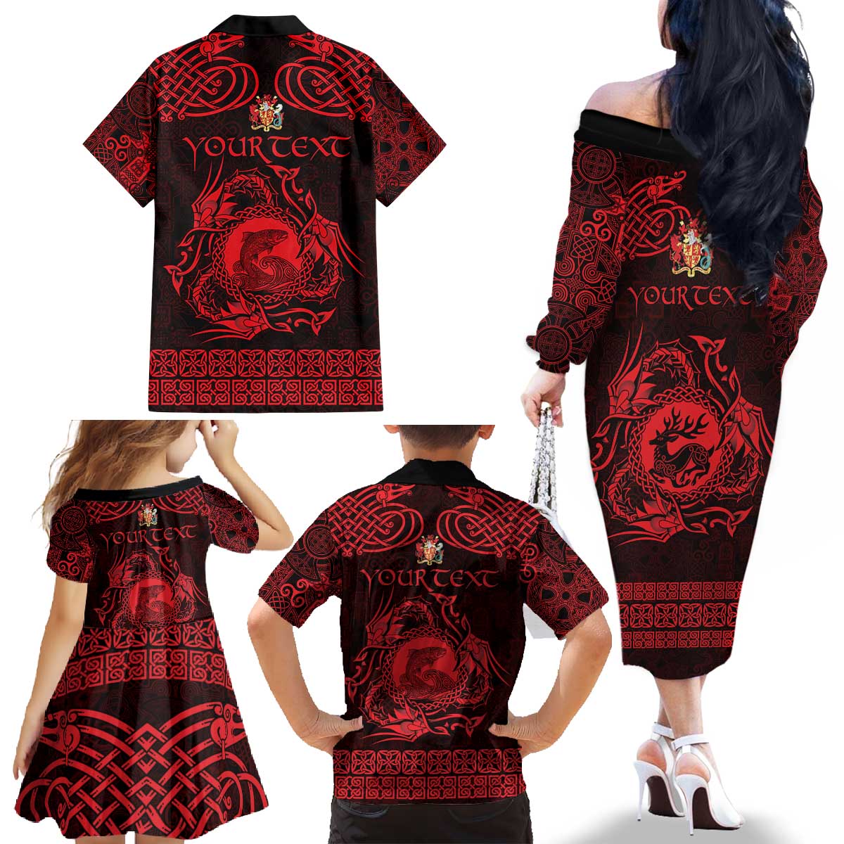 Personalized Carmarthenshire Sir Gaerfyrddin Family Matching Off The Shoulder Long Sleeve Dress and Hawaiian Shirt Red Deer Stag Celtic-inspired - Wonder Print Shop