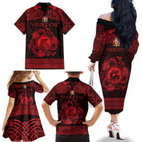 Personalized Carmarthenshire Sir Gaerfyrddin Family Matching Off The Shoulder Long Sleeve Dress and Hawaiian Shirt Red Deer Stag Celtic-inspired - Wonder Print Shop