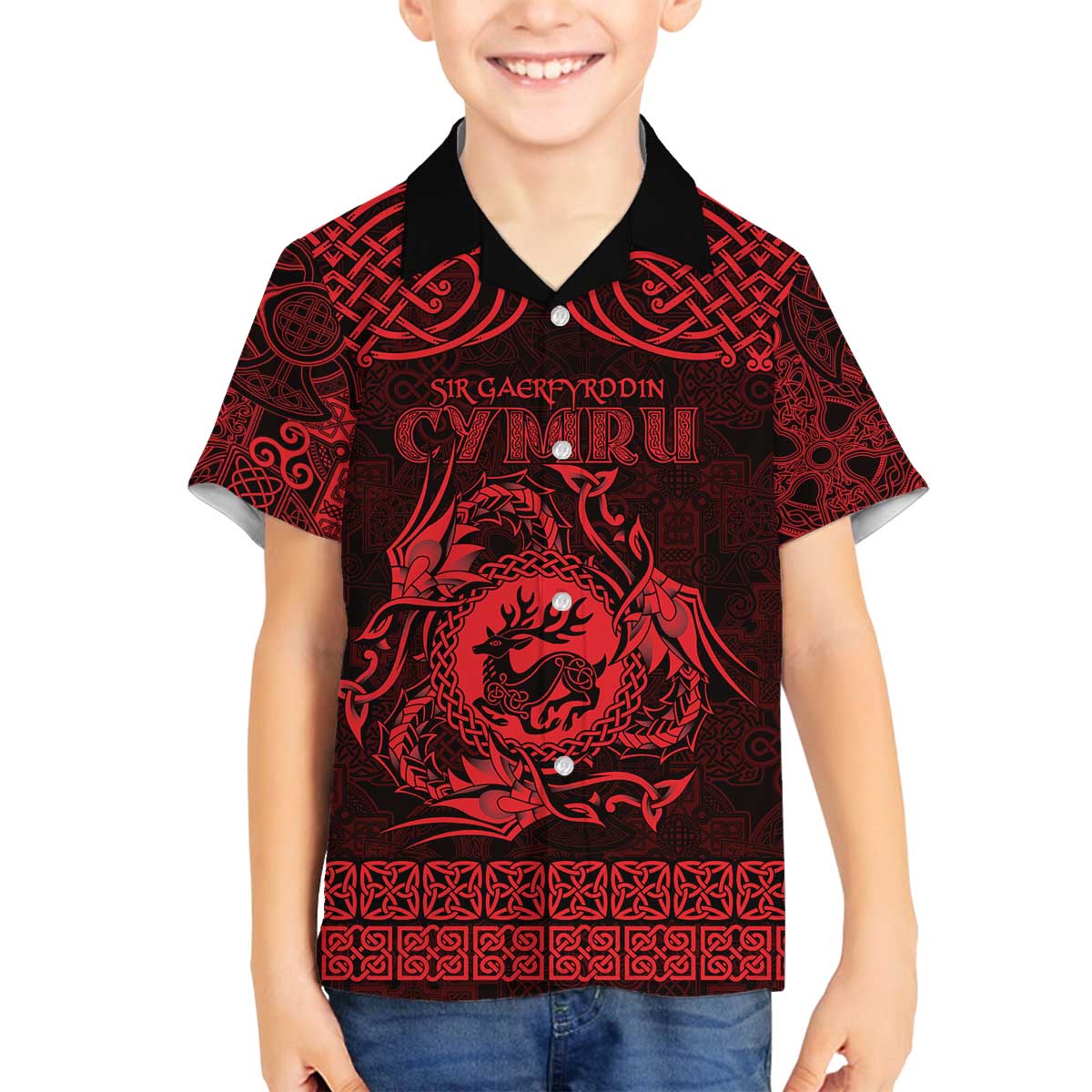 Personalized Carmarthenshire Sir Gaerfyrddin Family Matching Off The Shoulder Long Sleeve Dress and Hawaiian Shirt Red Deer Stag Celtic-inspired - Wonder Print Shop