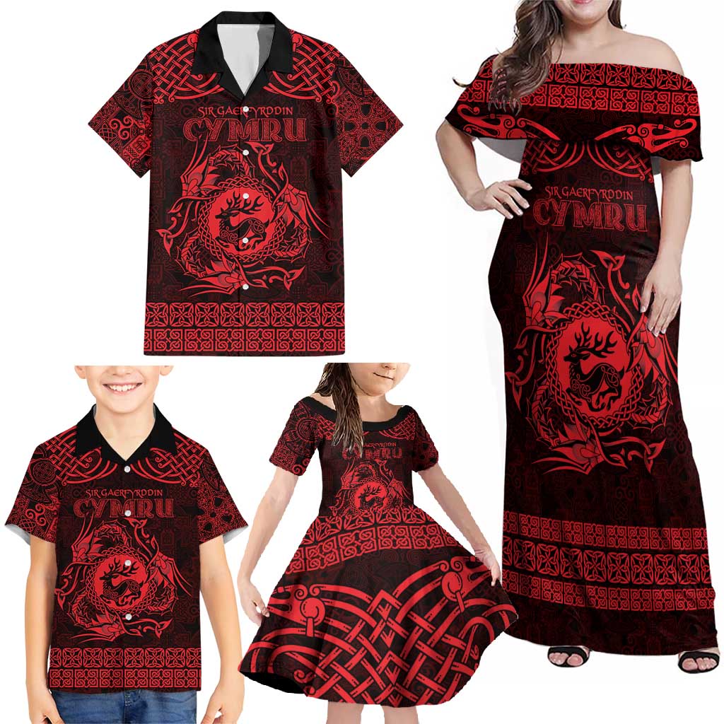 Personalized Carmarthenshire Sir Gaerfyrddin Family Matching Off Shoulder Maxi Dress and Hawaiian Shirt Red Deer Stag Celtic-inspired - Wonder Print Shop