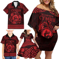 Personalized Carmarthenshire Sir Gaerfyrddin Family Matching Off Shoulder Short Dress and Hawaiian Shirt Red Deer Stag Celtic-inspired - Wonder Print Shop