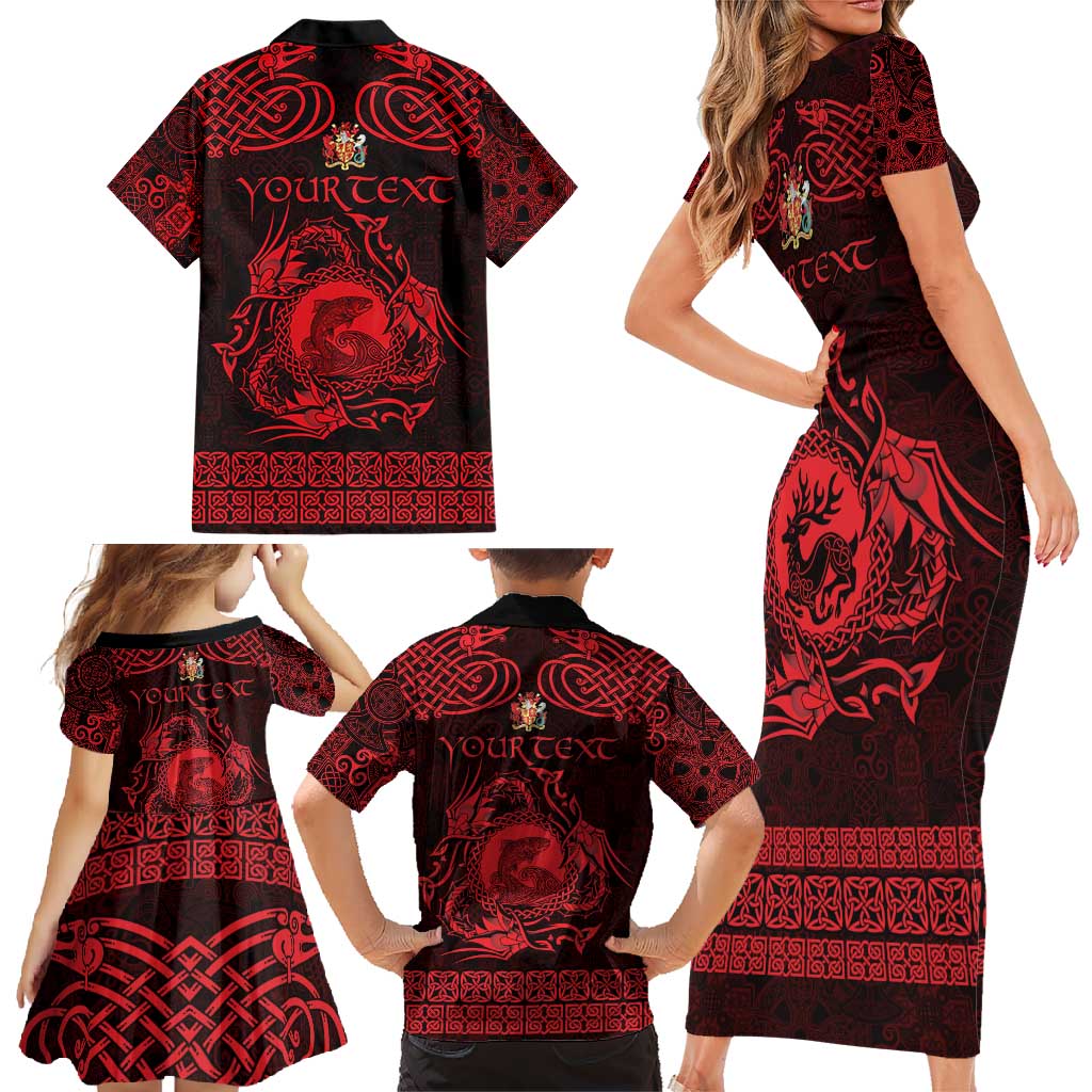 Personalized Carmarthenshire Sir Gaerfyrddin Family Matching Short Sleeve Bodycon Dress and Hawaiian Shirt Red Deer Stag Celtic-inspired - Wonder Print Shop