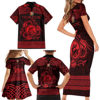 Personalized Carmarthenshire Sir Gaerfyrddin Family Matching Short Sleeve Bodycon Dress and Hawaiian Shirt Red Deer Stag Celtic-inspired - Wonder Print Shop