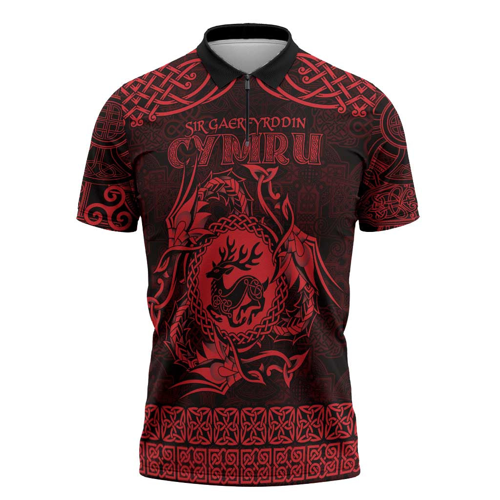 Personalized Carmarthenshire Sir Gaerfyrddin Zipper Polo Shirt Red Deer Stag Celtic-inspired - Wonder Print Shop