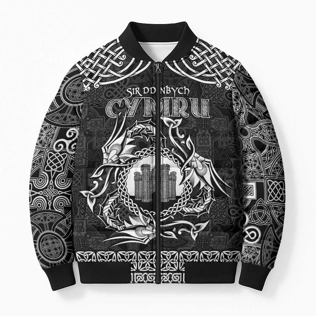 Personalized Denbighshire Sir Ddinbych Bomber Puffer Jacket Black Gatehouse Denbigh Castle Celtic-inspired - Wonder Print Shop