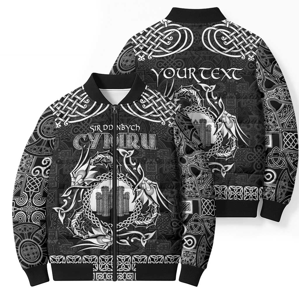Personalized Denbighshire Sir Ddinbych Bomber Puffer Jacket Black Gatehouse Denbigh Castle Celtic-inspired - Wonder Print Shop