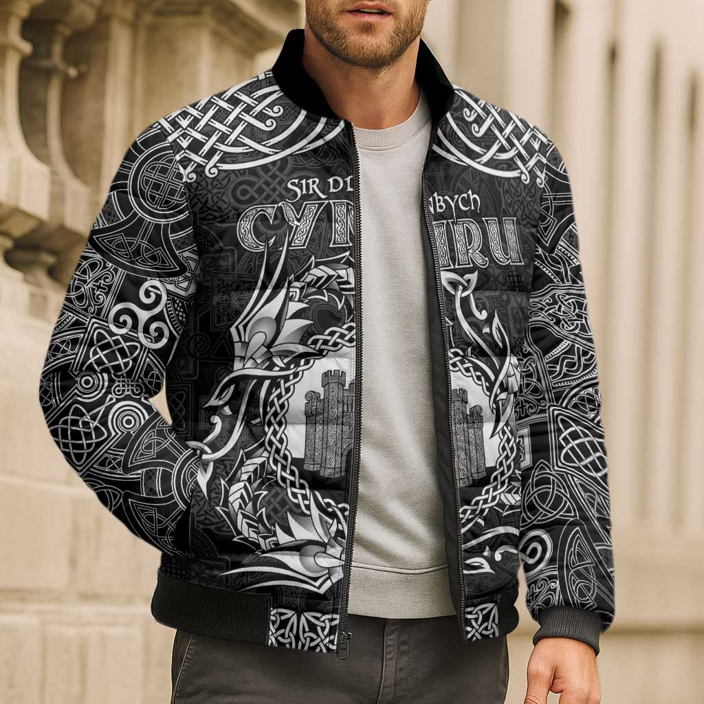 Personalized Denbighshire Sir Ddinbych Bomber Puffer Jacket Black Gatehouse Denbigh Castle Celtic-inspired - Wonder Print Shop