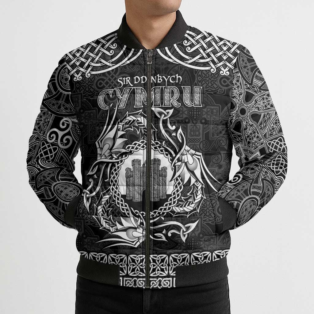 Personalized Denbighshire Sir Ddinbych Bomber Puffer Jacket Black Gatehouse Denbigh Castle Celtic-inspired - Wonder Print Shop