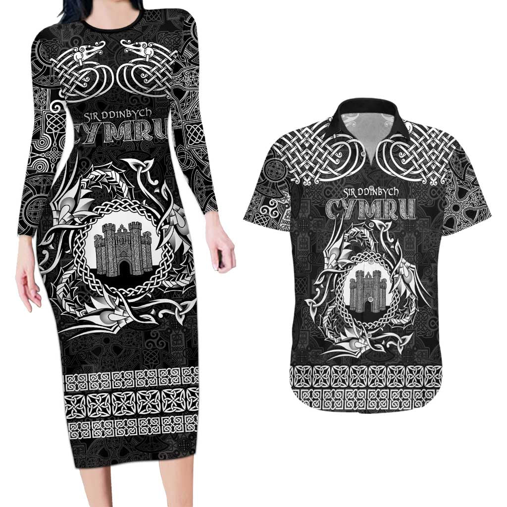 Personalized Denbighshire Sir Ddinbych Couples Matching Long Sleeve Bodycon Dress and Hawaiian Shirt Black Gatehouse Denbigh Castle Celtic-inspired - Wonder Print Shop