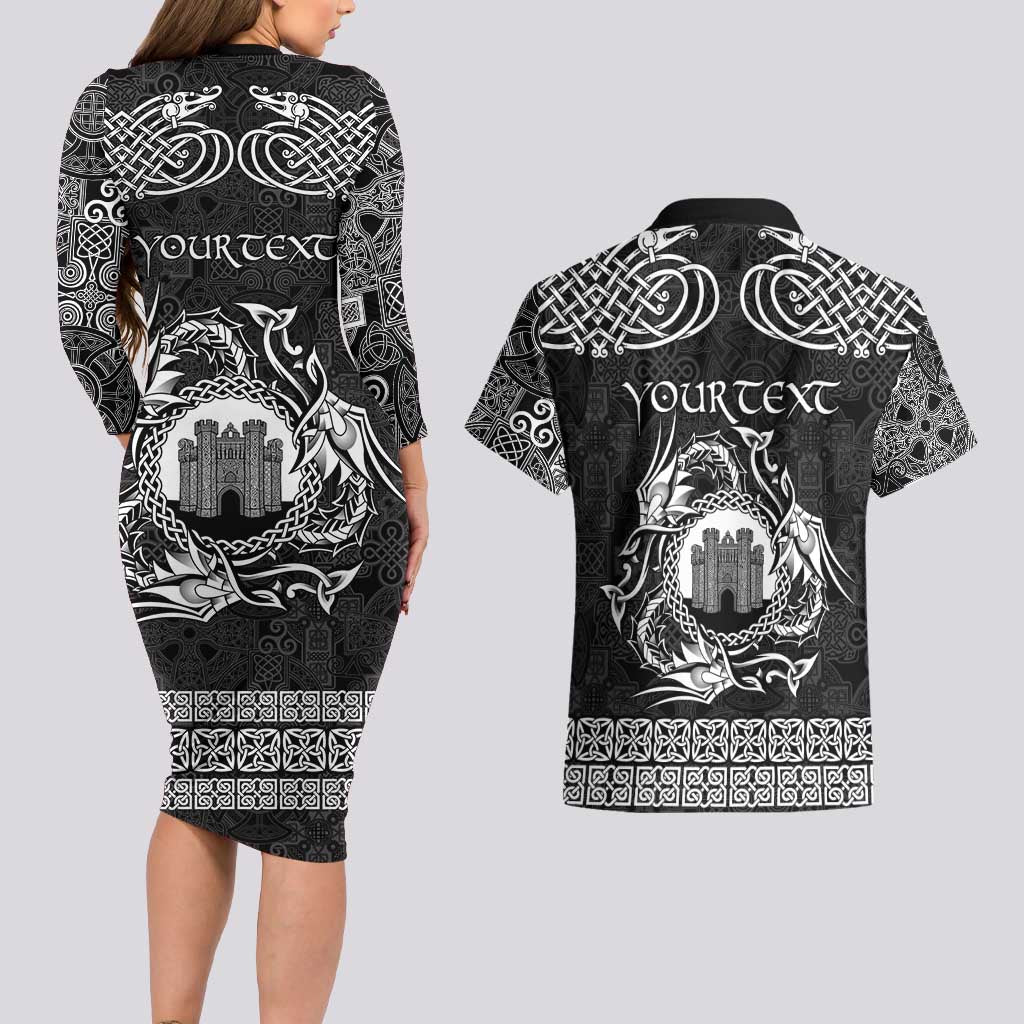 Personalized Denbighshire Sir Ddinbych Couples Matching Long Sleeve Bodycon Dress and Hawaiian Shirt Black Gatehouse Denbigh Castle Celtic-inspired - Wonder Print Shop