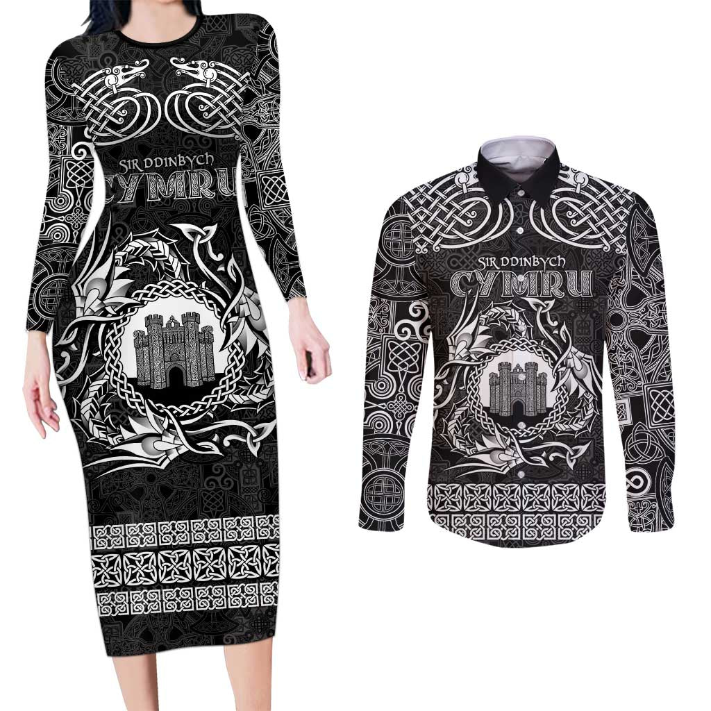Personalized Denbighshire Sir Ddinbych Couples Matching Long Sleeve Bodycon Dress and Long Sleeve Button Shirt Black Gatehouse Denbigh Castle Celtic-inspired - Wonder Print Shop