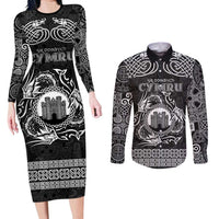 Personalized Denbighshire Sir Ddinbych Couples Matching Long Sleeve Bodycon Dress and Long Sleeve Button Shirt Black Gatehouse Denbigh Castle Celtic-inspired - Wonder Print Shop