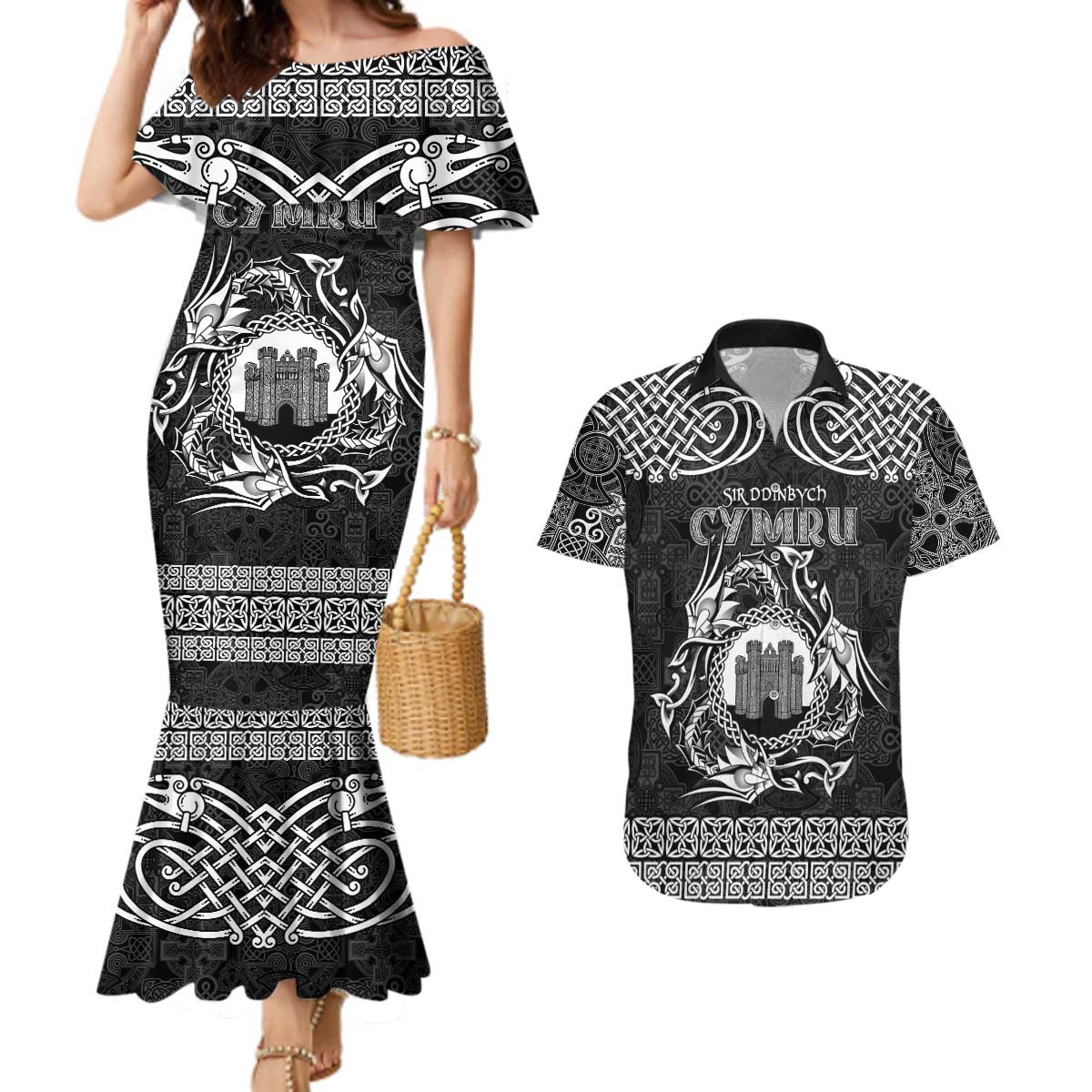 Personalized Denbighshire Sir Ddinbych Couples Matching Mermaid Dress and Hawaiian Shirt Black Gatehouse Denbigh Castle Celtic-inspired - Wonder Print Shop