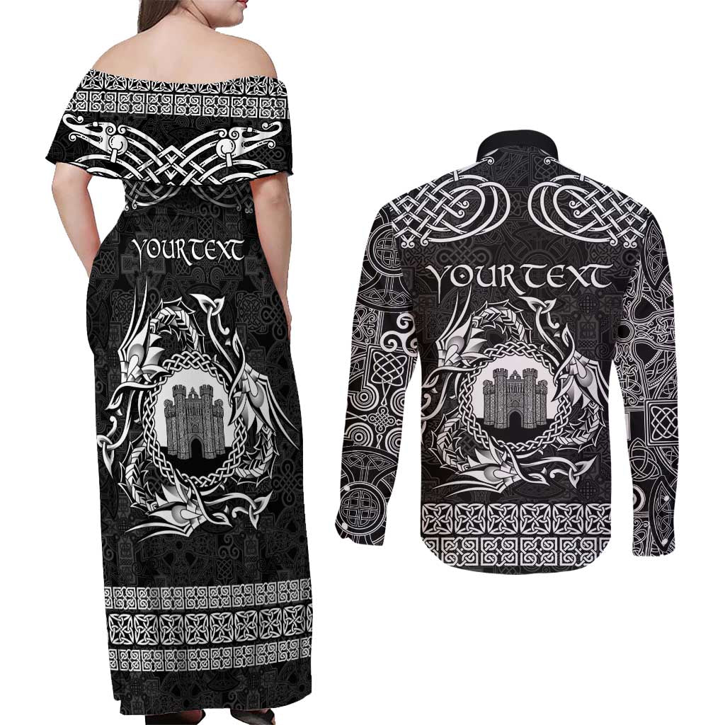 Personalized Denbighshire Sir Ddinbych Couples Matching Off Shoulder Maxi Dress and Long Sleeve Button Shirt Black Gatehouse Denbigh Castle Celtic-inspired - Wonder Print Shop