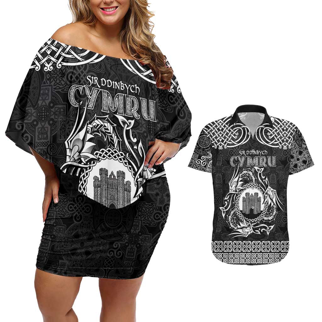 Personalized Denbighshire Sir Ddinbych Couples Matching Off Shoulder Short Dress and Hawaiian Shirt Black Gatehouse Denbigh Castle Celtic-inspired - Wonder Print Shop