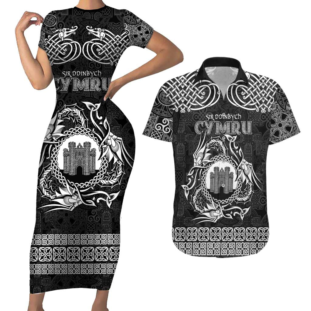 Personalized Denbighshire Sir Ddinbych Couples Matching Short Sleeve Bodycon Dress and Hawaiian Shirt Black Gatehouse Denbigh Castle Celtic-inspired - Wonder Print Shop