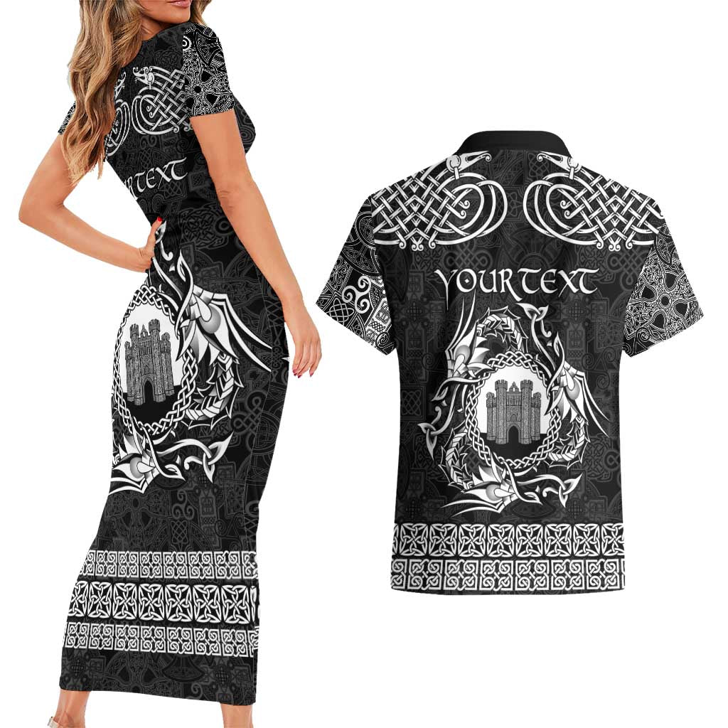 Personalized Denbighshire Sir Ddinbych Couples Matching Short Sleeve Bodycon Dress and Hawaiian Shirt Black Gatehouse Denbigh Castle Celtic-inspired - Wonder Print Shop