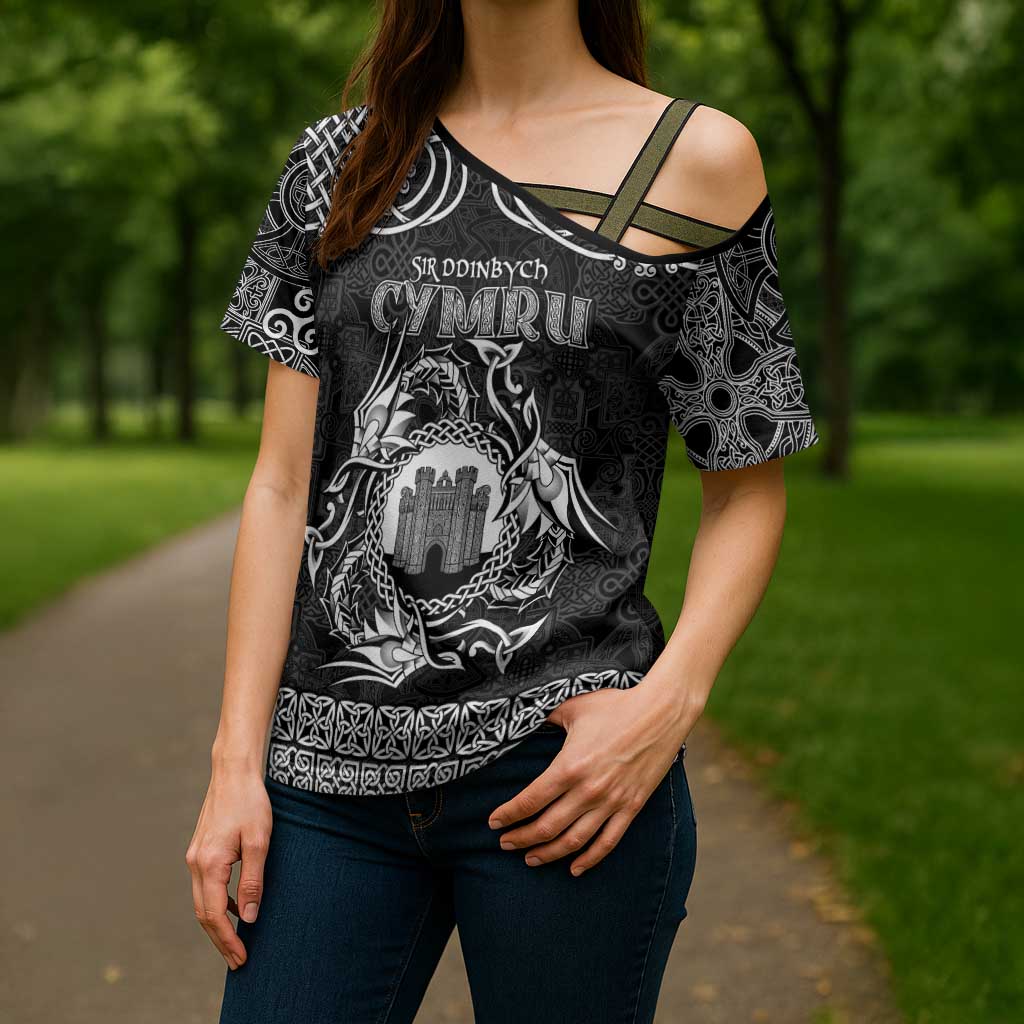 Personalized Denbighshire Sir Ddinbych Cross Shoulder Shirt Black Gatehouse Denbigh Castle Celtic-inspired - Wonder Print Shop