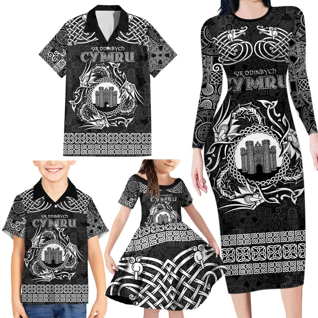 Personalized Denbighshire Sir Ddinbych Family Matching Long Sleeve Bodycon Dress and Hawaiian Shirt Black Gatehouse Denbigh Castle Celtic-inspired - Wonder Print Shop