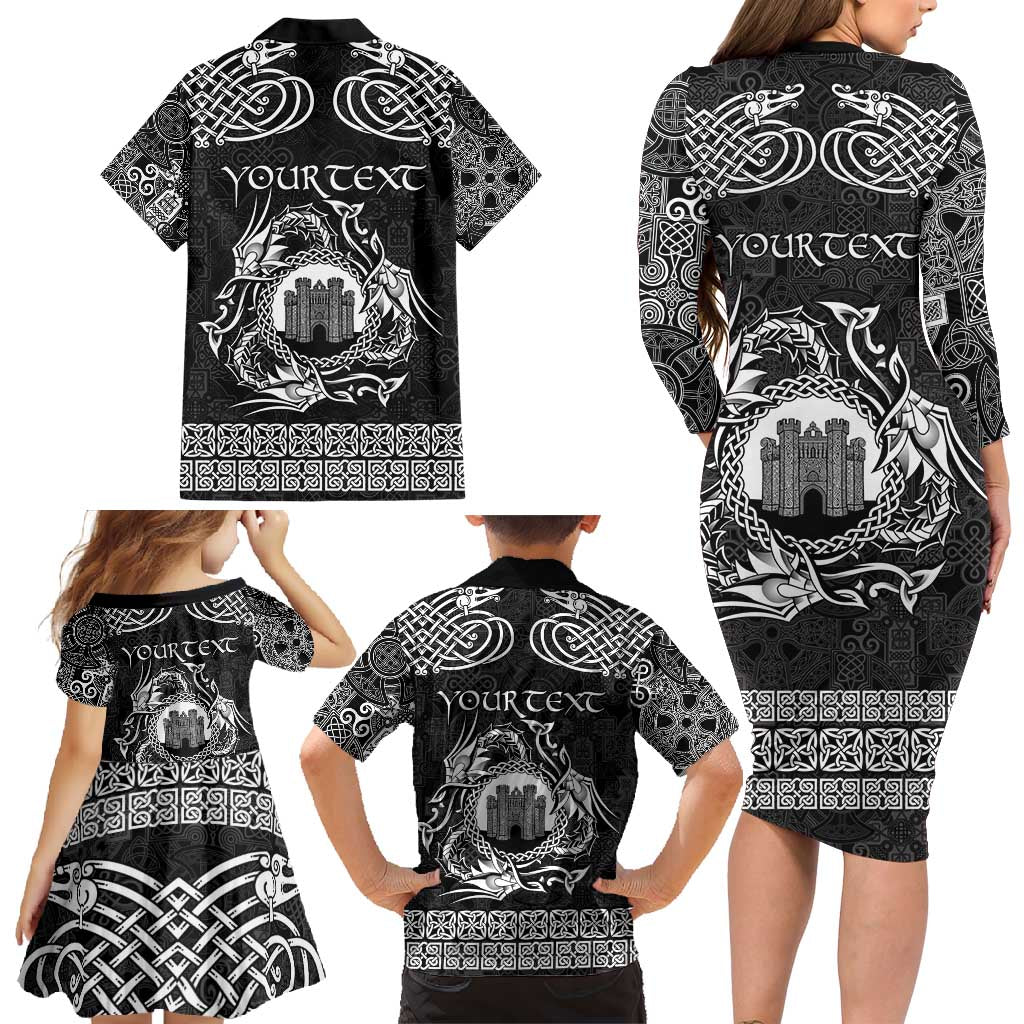 Personalized Denbighshire Sir Ddinbych Family Matching Long Sleeve Bodycon Dress and Hawaiian Shirt Black Gatehouse Denbigh Castle Celtic-inspired - Wonder Print Shop