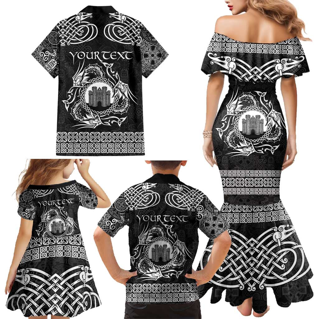 Personalized Denbighshire Sir Ddinbych Family Matching Mermaid Dress and Hawaiian Shirt Black Gatehouse Denbigh Castle Celtic-inspired - Wonder Print Shop