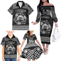 Personalized Denbighshire Sir Ddinbych Family Matching Off The Shoulder Long Sleeve Dress and Hawaiian Shirt Black Gatehouse Denbigh Castle Celtic-inspired - Wonder Print Shop