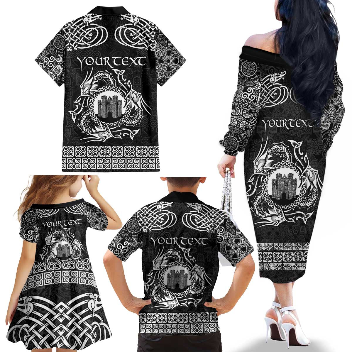 Personalized Denbighshire Sir Ddinbych Family Matching Off The Shoulder Long Sleeve Dress and Hawaiian Shirt Black Gatehouse Denbigh Castle Celtic-inspired - Wonder Print Shop