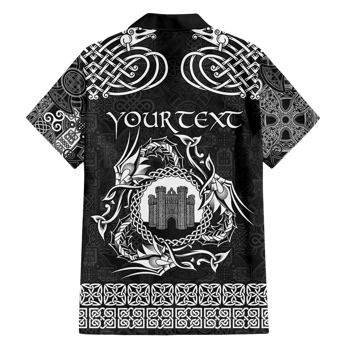 Personalized Denbighshire Sir Ddinbych Family Matching Off The Shoulder Long Sleeve Dress and Hawaiian Shirt Black Gatehouse Denbigh Castle Celtic-inspired - Wonder Print Shop