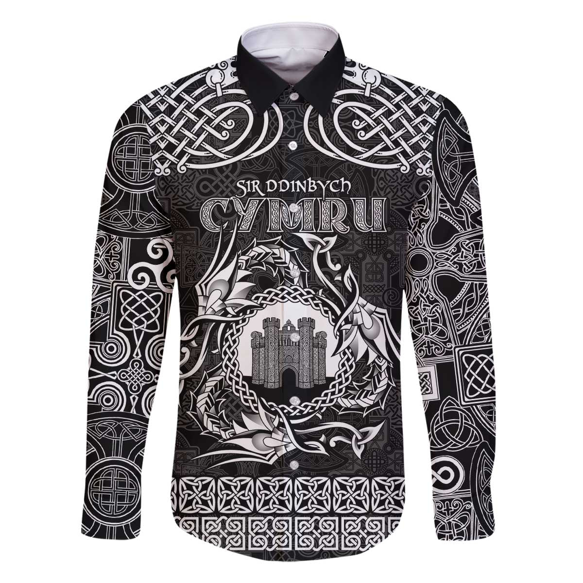 Personalized Denbighshire Sir Ddinbych Family Matching Off The Shoulder Long Sleeve Dress and Hawaiian Shirt Black Gatehouse Denbigh Castle Celtic-inspired - Wonder Print Shop