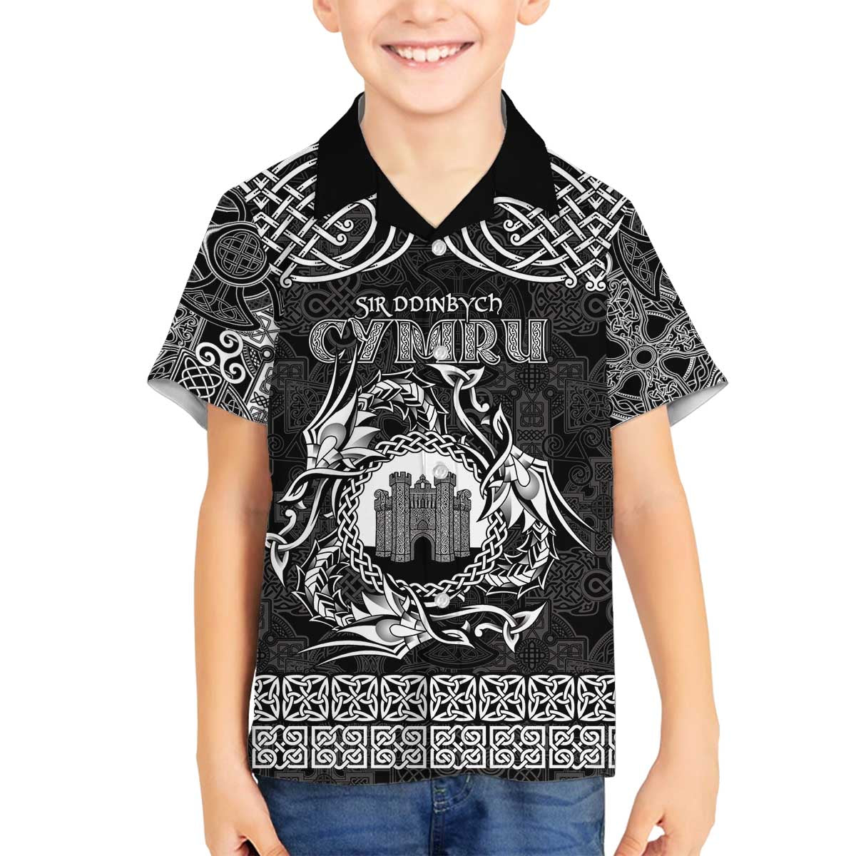 Personalized Denbighshire Sir Ddinbych Family Matching Off The Shoulder Long Sleeve Dress and Hawaiian Shirt Black Gatehouse Denbigh Castle Celtic-inspired - Wonder Print Shop