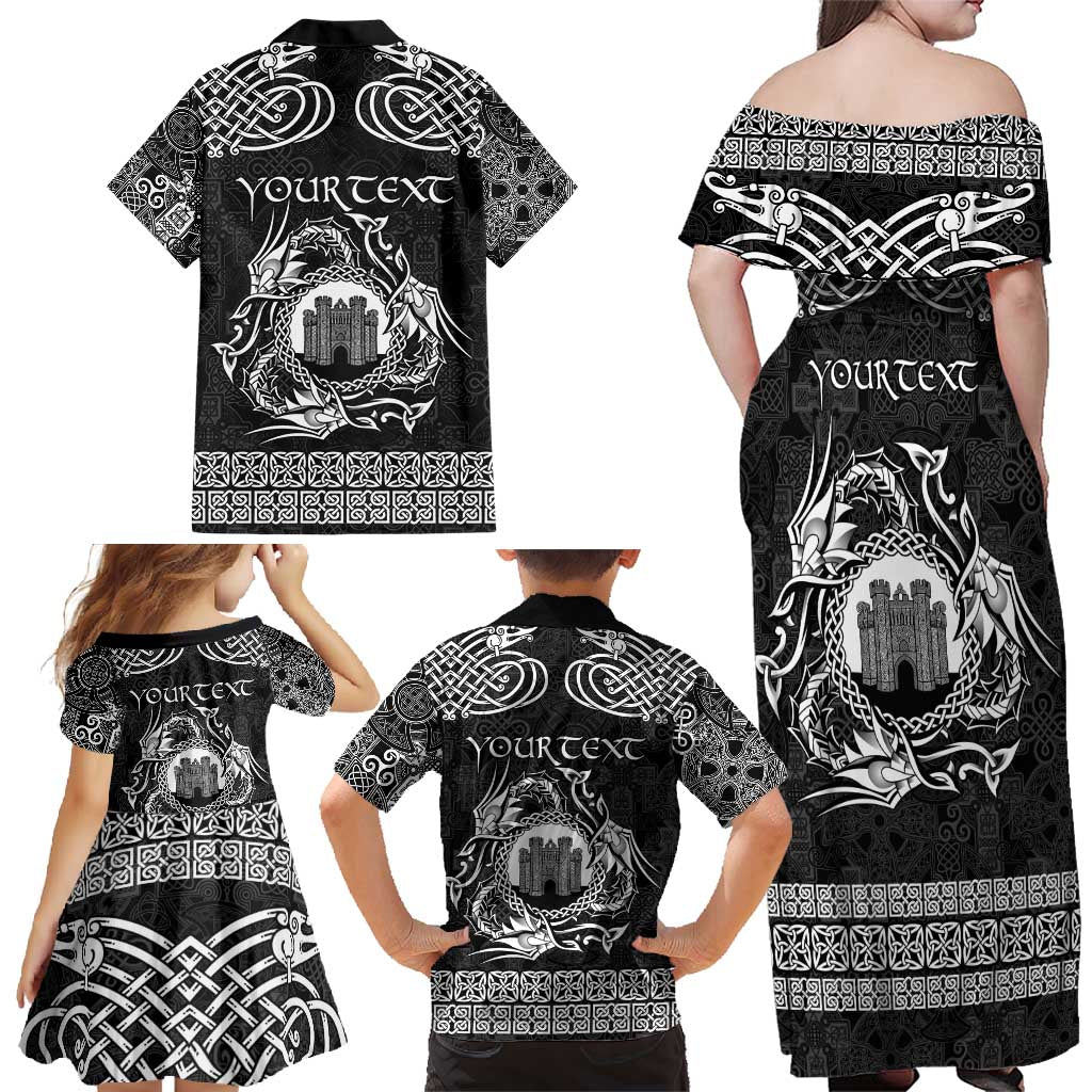 Personalized Denbighshire Sir Ddinbych Family Matching Off Shoulder Maxi Dress and Hawaiian Shirt Black Gatehouse Denbigh Castle Celtic-inspired - Wonder Print Shop