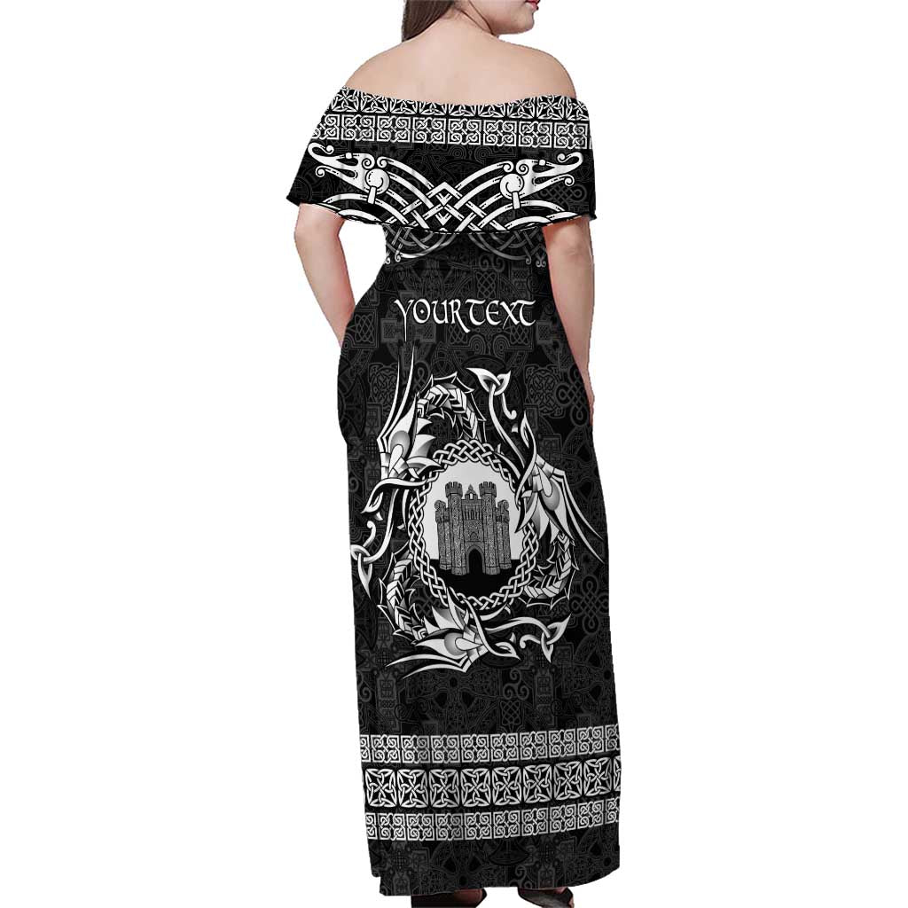 Personalized Denbighshire Sir Ddinbych Family Matching Off Shoulder Maxi Dress and Hawaiian Shirt Black Gatehouse Denbigh Castle Celtic-inspired - Wonder Print Shop