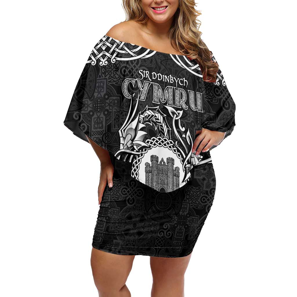 Personalized Denbighshire Sir Ddinbych Family Matching Off Shoulder Short Dress and Hawaiian Shirt Black Gatehouse Denbigh Castle Celtic-inspired - Wonder Print Shop