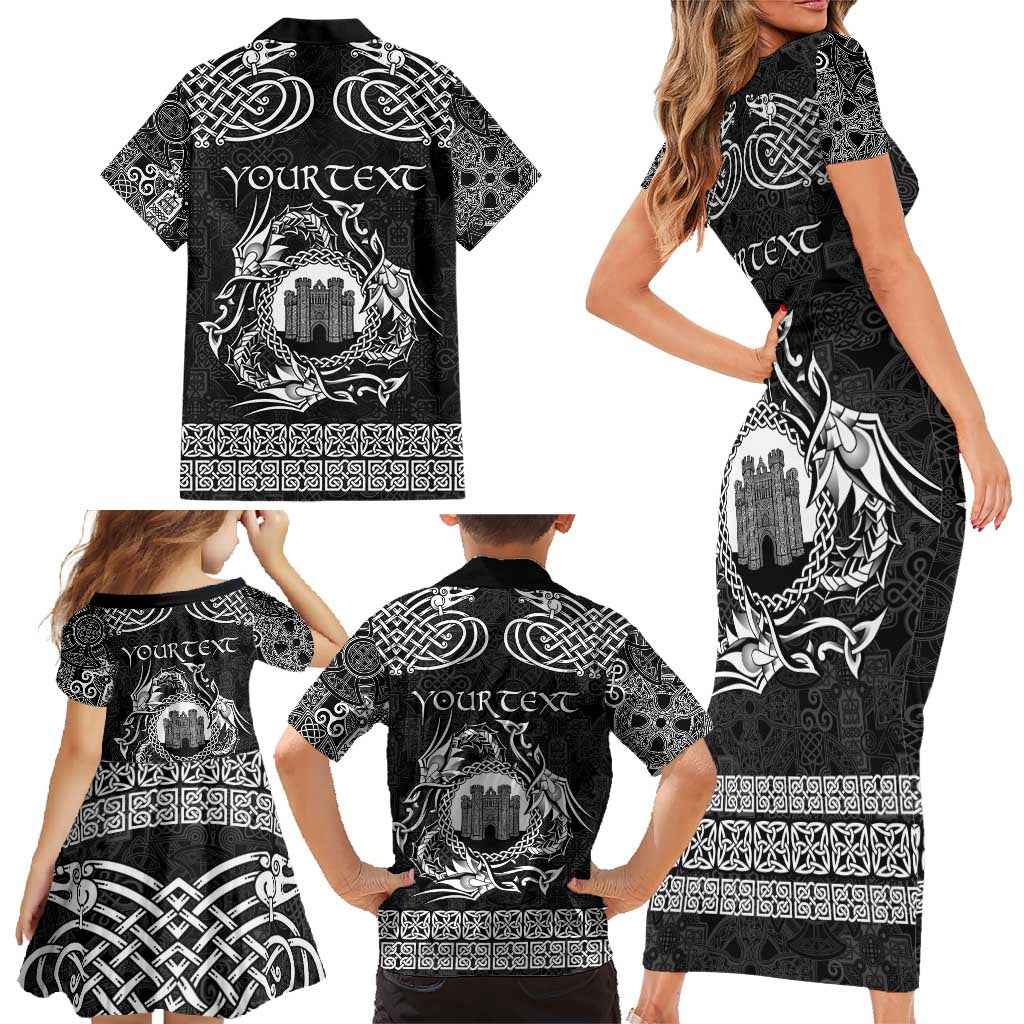 Personalized Denbighshire Sir Ddinbych Family Matching Short Sleeve Bodycon Dress and Hawaiian Shirt Black Gatehouse Denbigh Castle Celtic-inspired - Wonder Print Shop