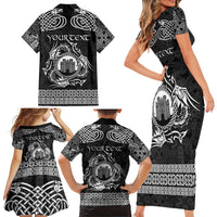 Personalized Denbighshire Sir Ddinbych Family Matching Short Sleeve Bodycon Dress and Hawaiian Shirt Black Gatehouse Denbigh Castle Celtic-inspired - Wonder Print Shop