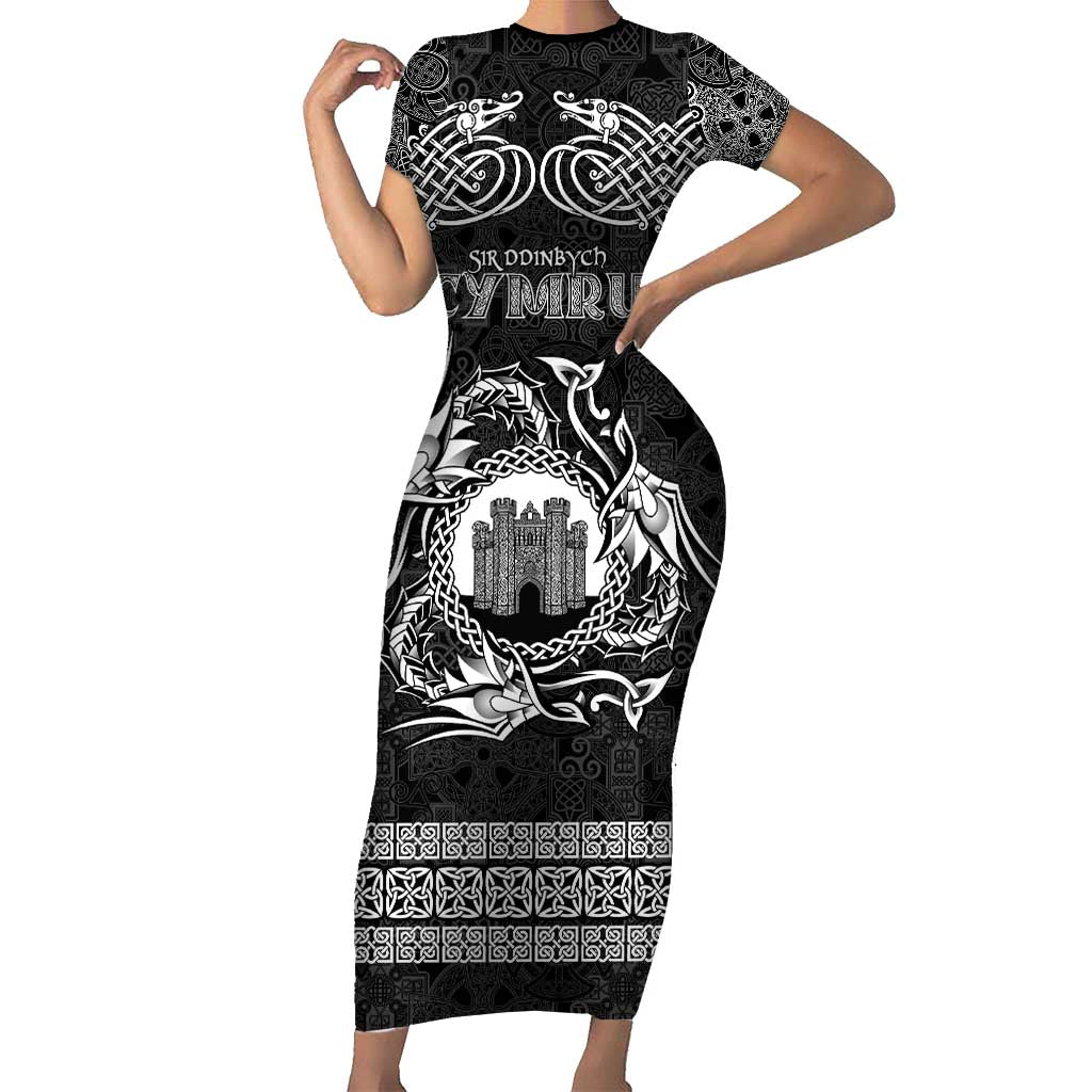 Personalized Denbighshire Sir Ddinbych Family Matching Short Sleeve Bodycon Dress and Hawaiian Shirt Black Gatehouse Denbigh Castle Celtic-inspired - Wonder Print Shop