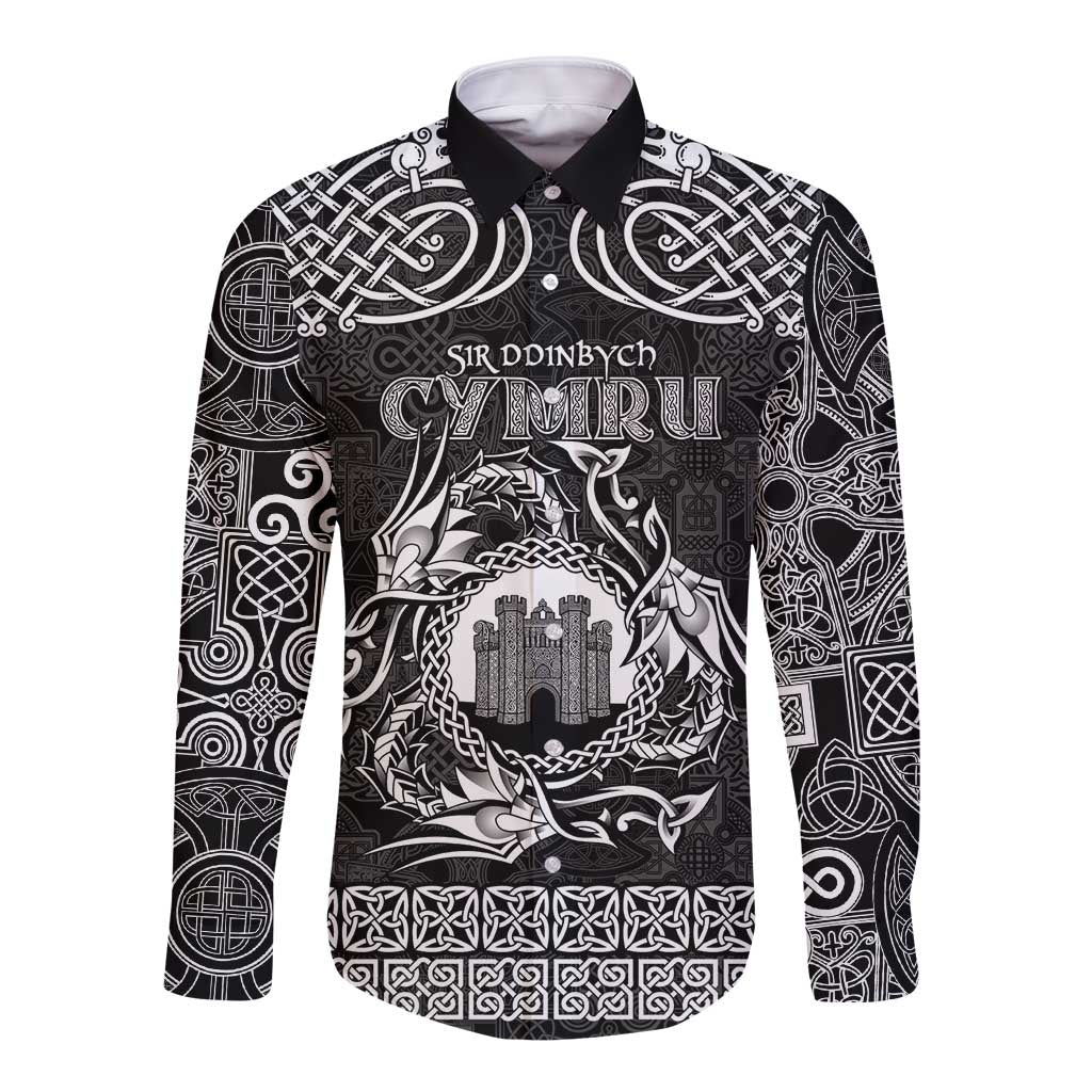 Personalized Denbighshire Sir Ddinbych Long Sleeve Button Shirt Black Gatehouse Denbigh Castle Celtic-inspired - Wonder Print Shop