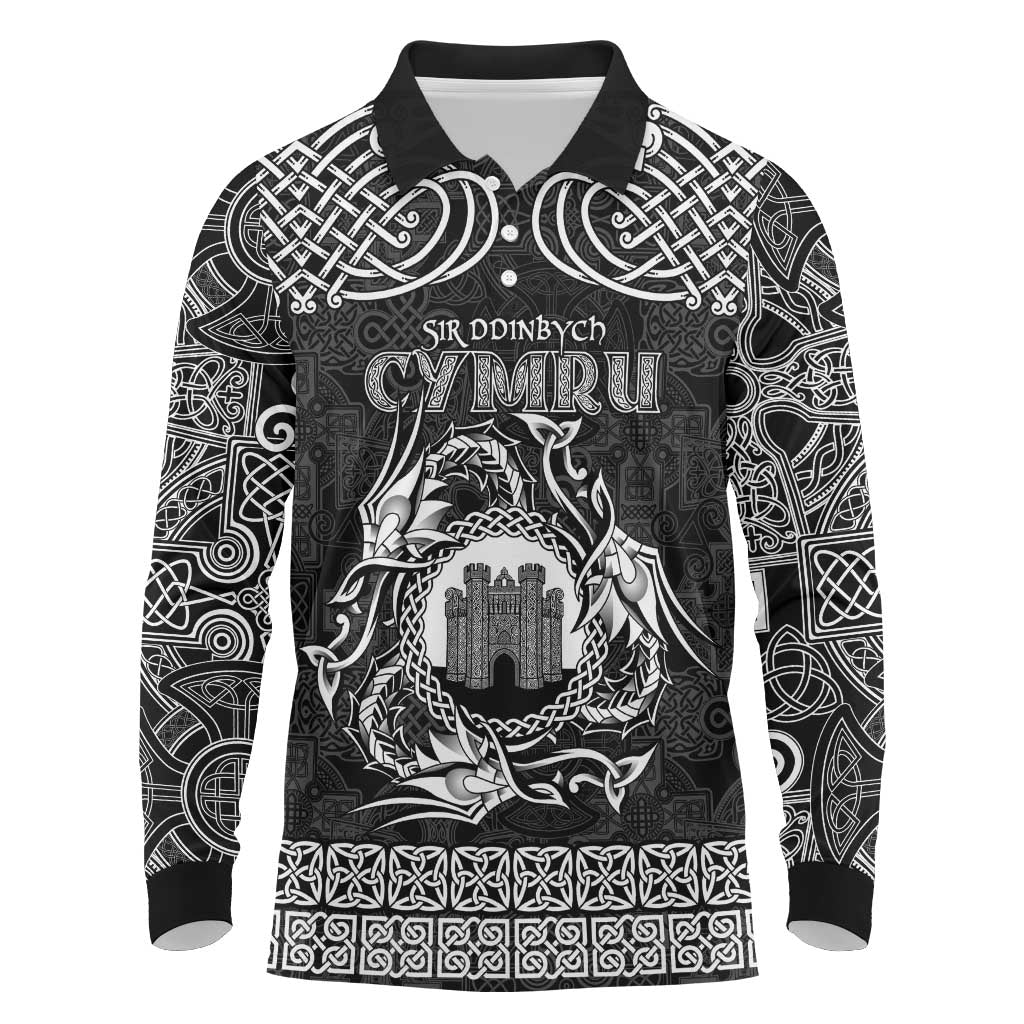 Personalized Denbighshire Sir Ddinbych Long Sleeve Polo Shirt Black Gatehouse Denbigh Castle Celtic-inspired - Wonder Print Shop