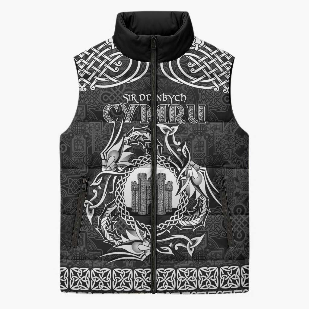 Personalized Denbighshire Sir Ddinbych Sleeveless Puffer Jacket Black Gatehouse Denbigh Castle Celtic-inspired - Wonder Print Shop