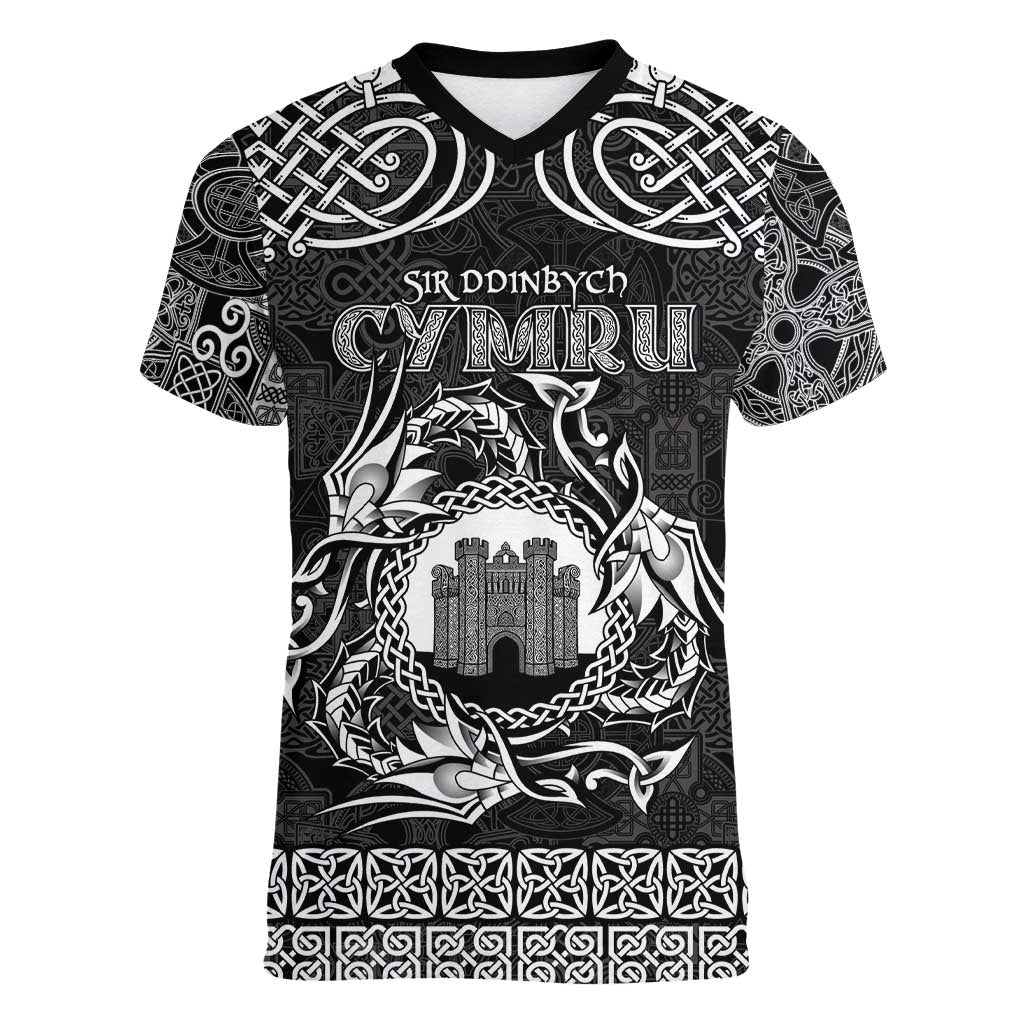 Personalized Denbighshire Sir Ddinbych Women V-Neck T-Shirt Black Gatehouse Denbigh Castle Celtic-inspired - Wonder Print Shop