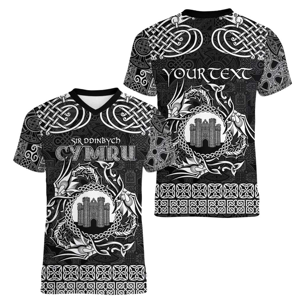 Personalized Denbighshire Sir Ddinbych Women V-Neck T-Shirt Black Gatehouse Denbigh Castle Celtic-inspired - Wonder Print Shop