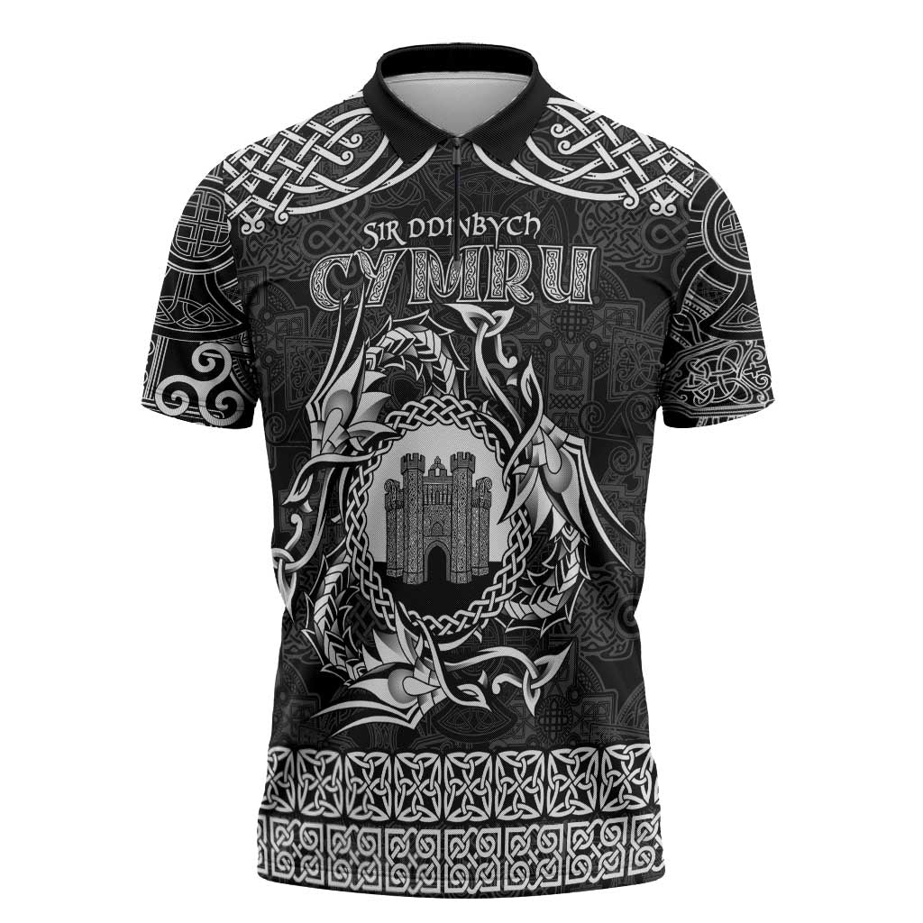 Personalized Denbighshire Sir Ddinbych Zipper Polo Shirt Black Gatehouse Denbigh Castle Celtic-inspired - Wonder Print Shop
