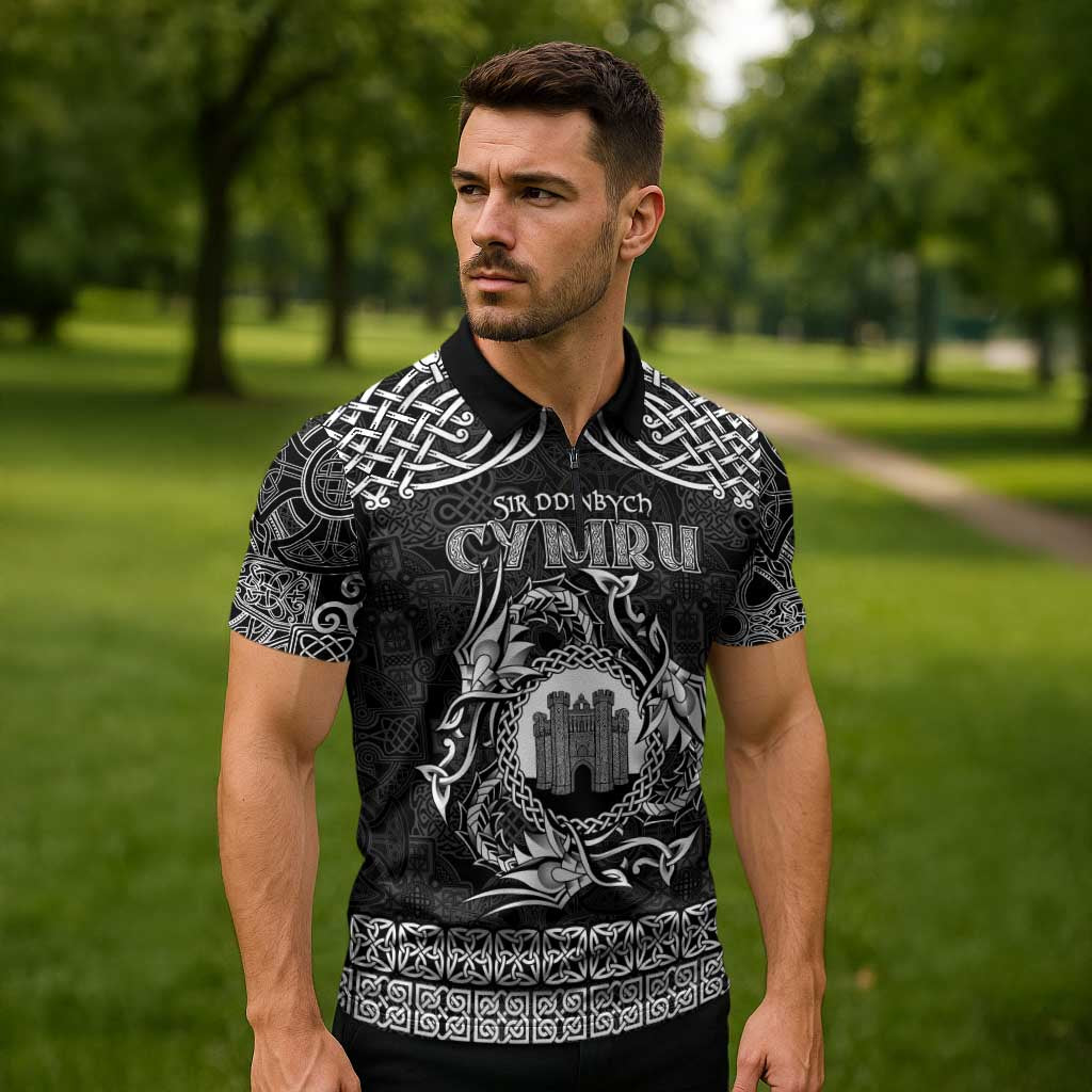 Personalized Denbighshire Sir Ddinbych Zipper Polo Shirt Black Gatehouse Denbigh Castle Celtic-inspired - Wonder Print Shop