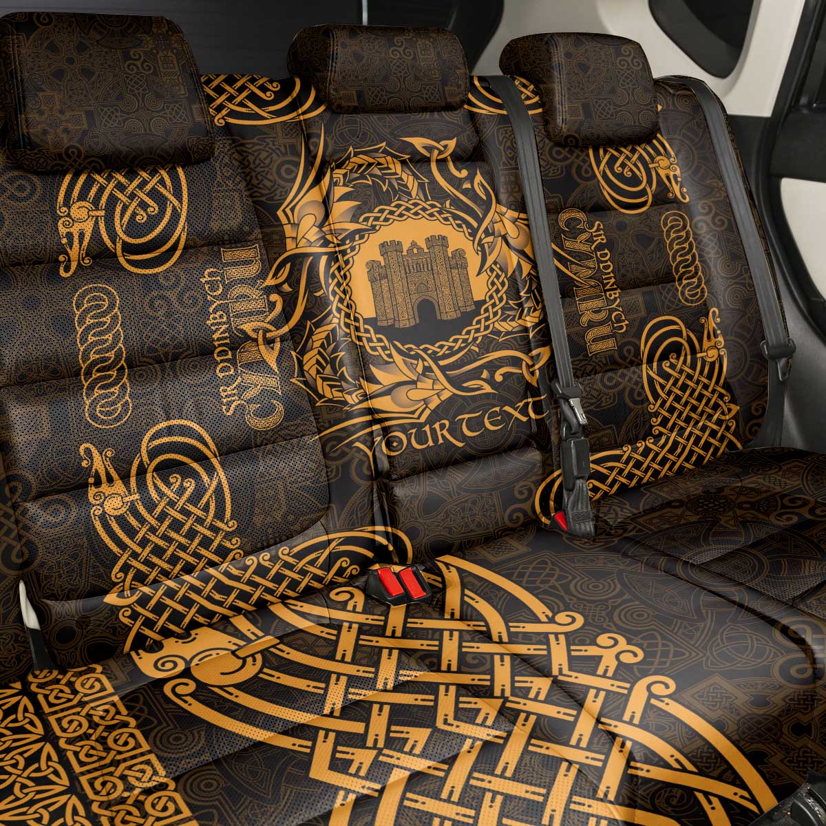 Personalized Denbighshire Sir Ddinbych Back Car Seat Cover Gold Gatehouse Denbigh Castle Celtic-inspired - Wonder Print Shop