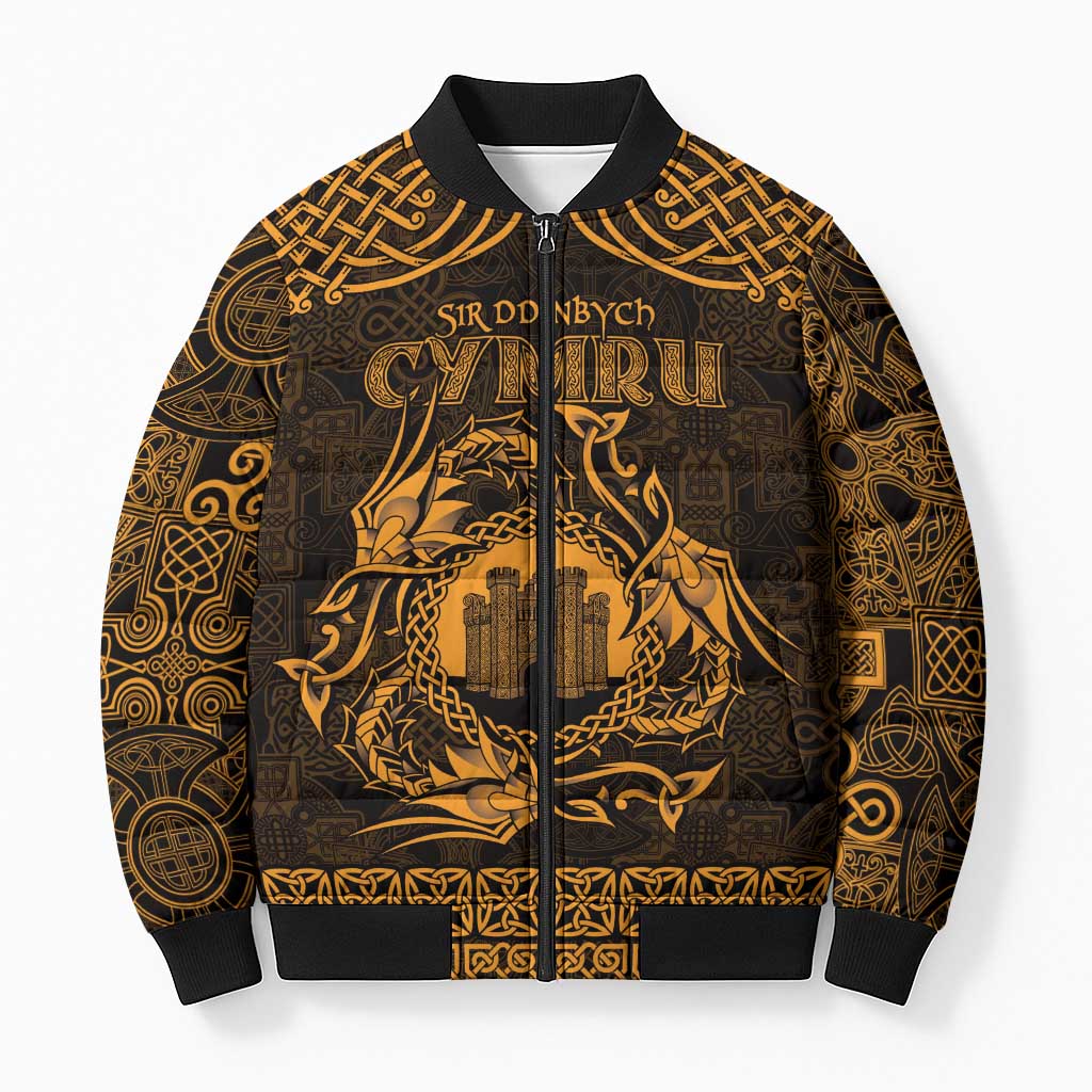 Personalized Denbighshire Sir Ddinbych Bomber Puffer Jacket Gold Gatehouse Denbigh Castle Celtic-inspired - Wonder Print Shop