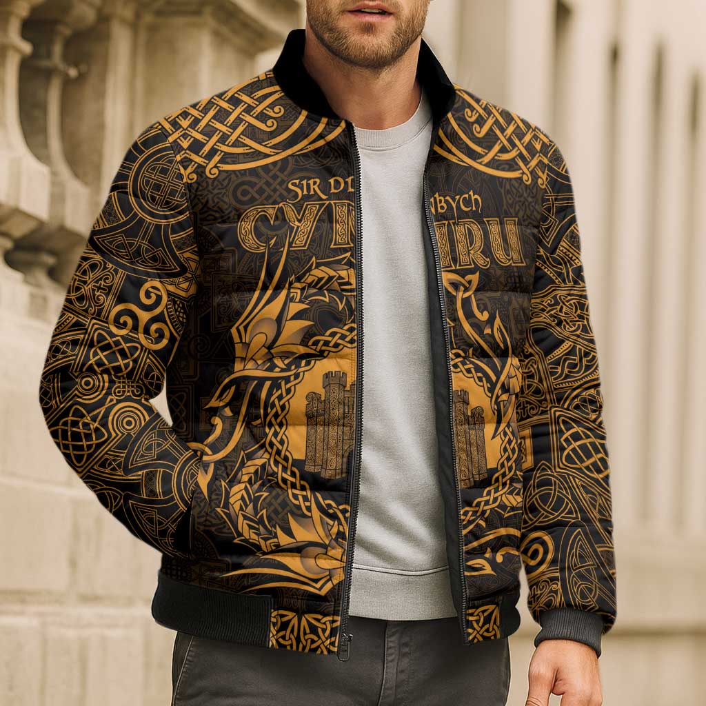 Personalized Denbighshire Sir Ddinbych Bomber Puffer Jacket Gold Gatehouse Denbigh Castle Celtic-inspired - Wonder Print Shop