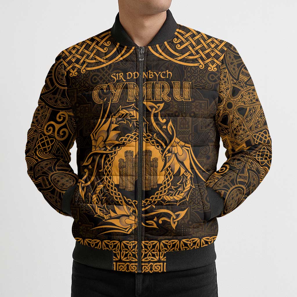Personalized Denbighshire Sir Ddinbych Bomber Puffer Jacket Gold Gatehouse Denbigh Castle Celtic-inspired - Wonder Print Shop