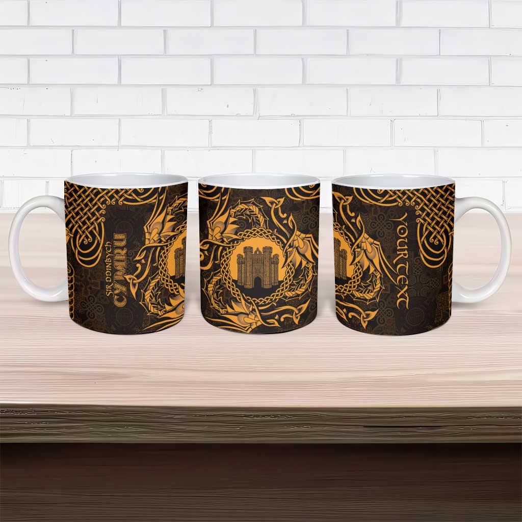 Personalized Denbighshire Sir Ddinbych Ceramic Mug Gold Gatehouse Denbigh Castle Celtic-inspired - Wonder Print Shop