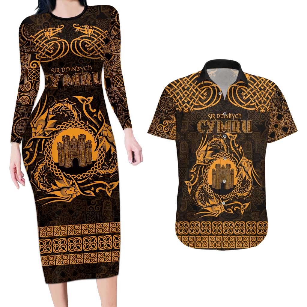 Personalized Denbighshire Sir Ddinbych Couples Matching Long Sleeve Bodycon Dress and Hawaiian Shirt Gold Gatehouse Denbigh Castle Celtic-inspired - Wonder Print Shop