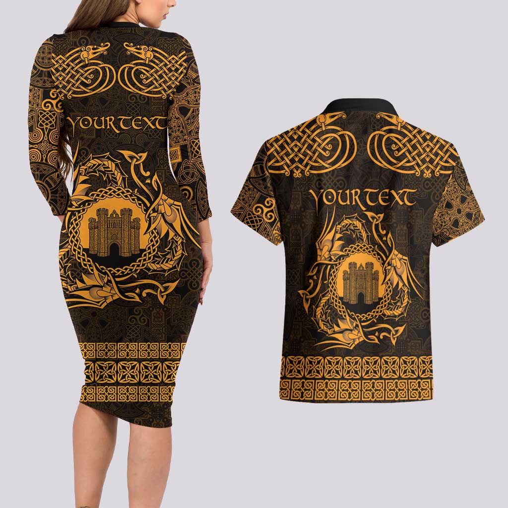Personalized Denbighshire Sir Ddinbych Couples Matching Long Sleeve Bodycon Dress and Hawaiian Shirt Gold Gatehouse Denbigh Castle Celtic-inspired - Wonder Print Shop